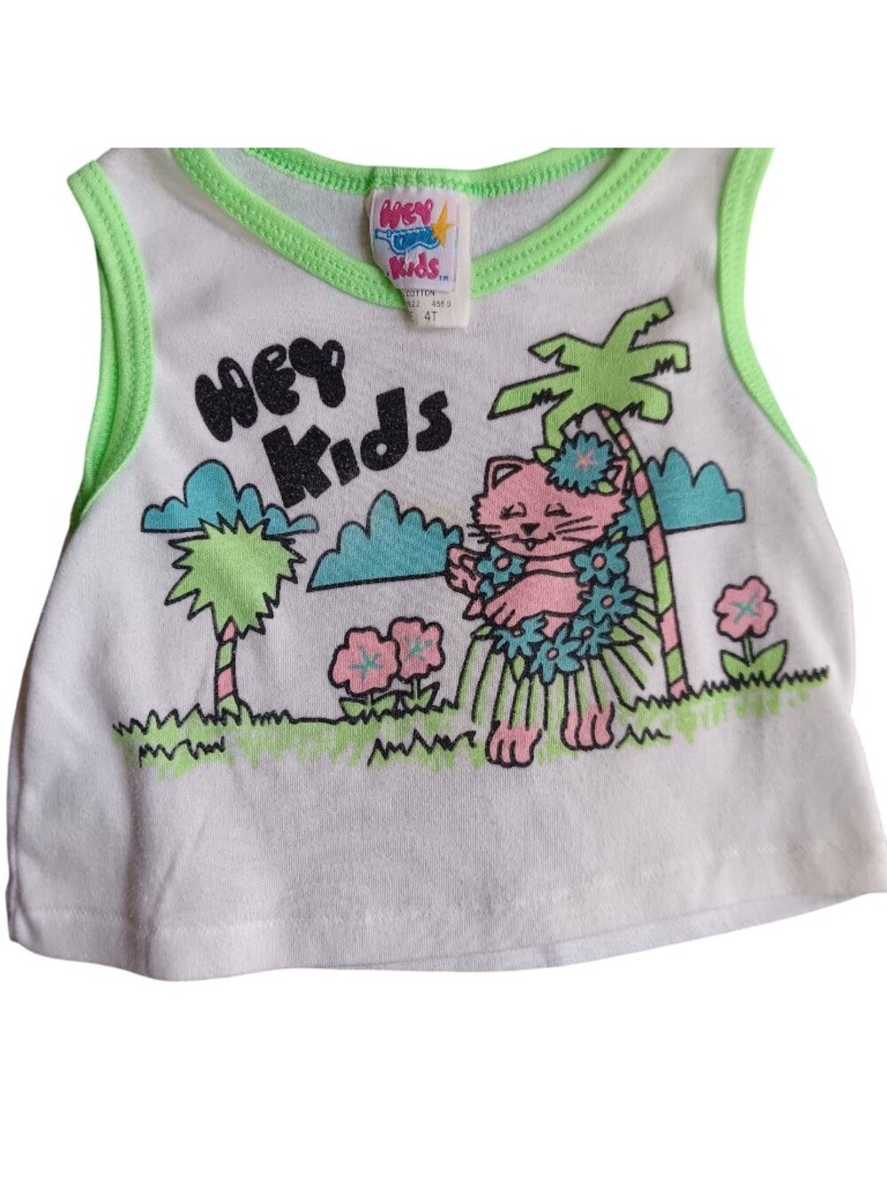 Vintage 4T 1980's 90s Tank Top Kitty Cat Beach Hey Kids Sleeveless Palm Tree